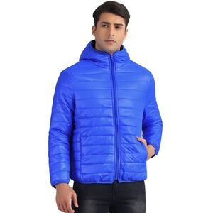 Hooded Puffer Jackets Winter Zipper Down Jacket Warm Padded Coat Royal Blue